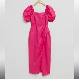 & Other Stories Pink Linen Fitted Puff Sleeve Dress